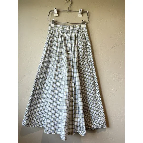 Vintage A Line Full Skirt Plaid Button Down Pockets Preppy 90s Maxi Modi - Picture 2 of 9